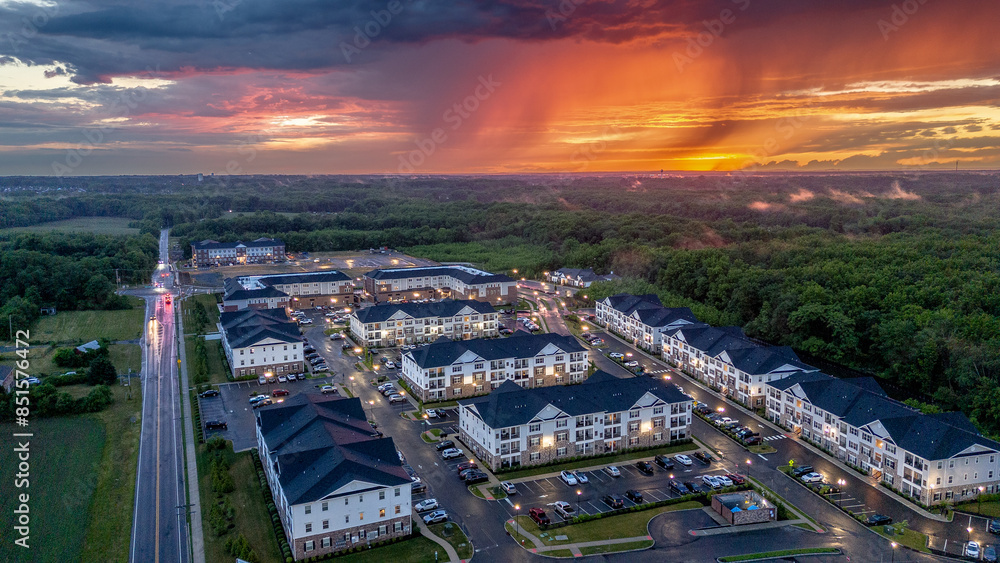 Obraz premium Drone of Epic Sunset in New Jersey Suburbs Homes 