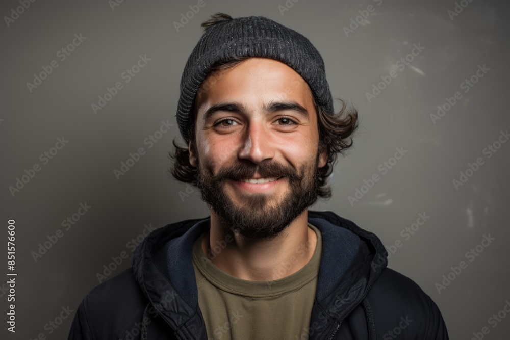 Portrait of a glad man in his 30s sporting a trendy beanie while standing against plain cyclorama studio wall Portrait of a glad man in his 30s sporting a trendy beanie while standing against plain cyclorama studio wall