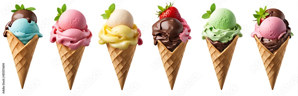 Ice cream scoop on waffle cone on white background cutout. Many ...