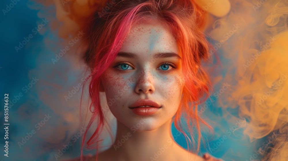 Unique composition featuring red hair with a vibrant overlay of colorful smoke Unique composition featuring red hair with a vibrant overlay of colorful smoke