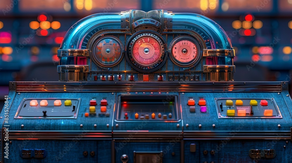 Close-up of a retro jukebox in shades of chambray blue, with colorful buttons and dials that invite patrons to select their favorite nostalgic tunes. Abstract Backgrounds Illustration, Minimalism, Close-up of a retro jukebox in shades of chambray blue, with colorful buttons and dials that invite patrons to select their favorite nostalgic tunes. Abstract Backgrounds Illustration, Minimalism,