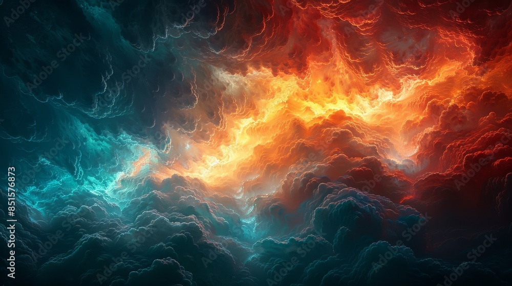 An intense and dramatic digital artwork of billowing cloud formations glowing with fiery colors