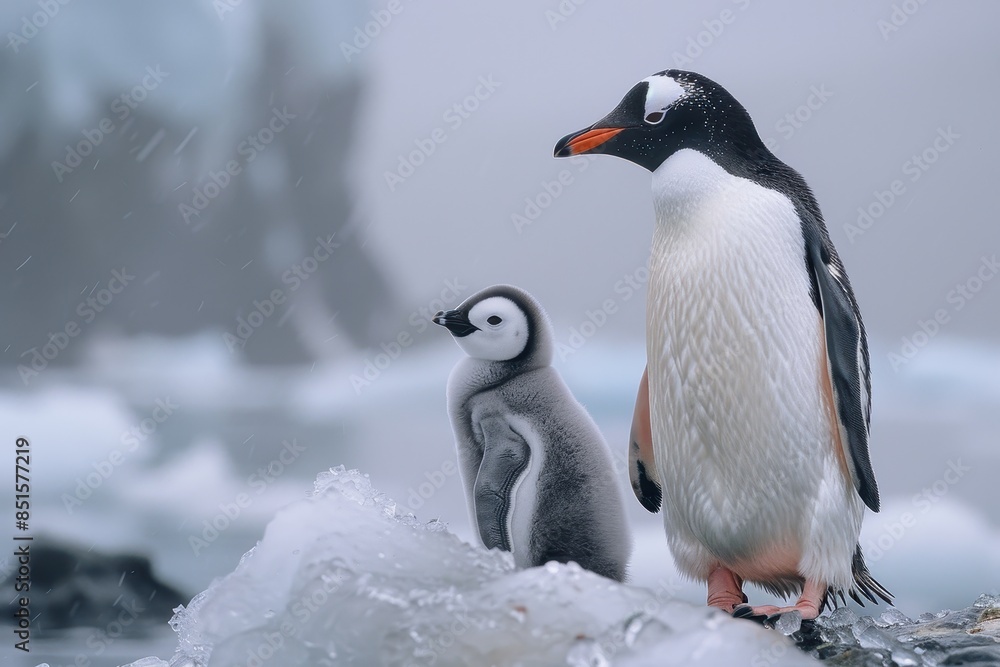 Obraz premium A fluffy penguin chick standing on a patch of ice, with its parent nearby. The chick is looking up at the adult penguin with admiration