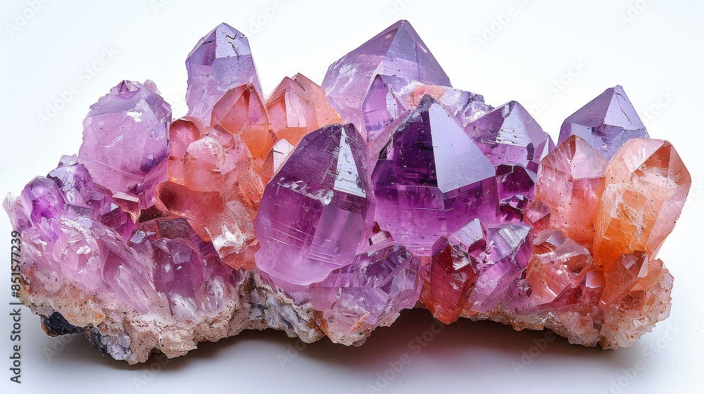 A high-resolution close-up of a stunning amethyst crystal cluster, showcasing rich purple and orange hues A high-resolution close-up of a stunning amethyst crystal cluster, showcasing rich purple and orange hues