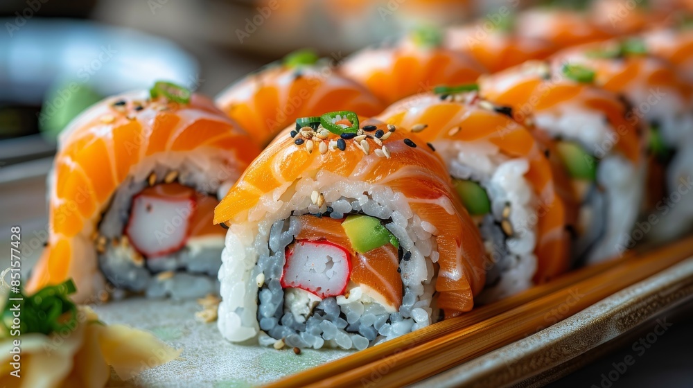 This image showcases a delicious selection of salmon sushi rolls, presented on a plate, highlighting the art of Japanese cuisine This image showcases a delicious selection of salmon sushi rolls, presented on a plate, highlighting the art of Japanese cuisine