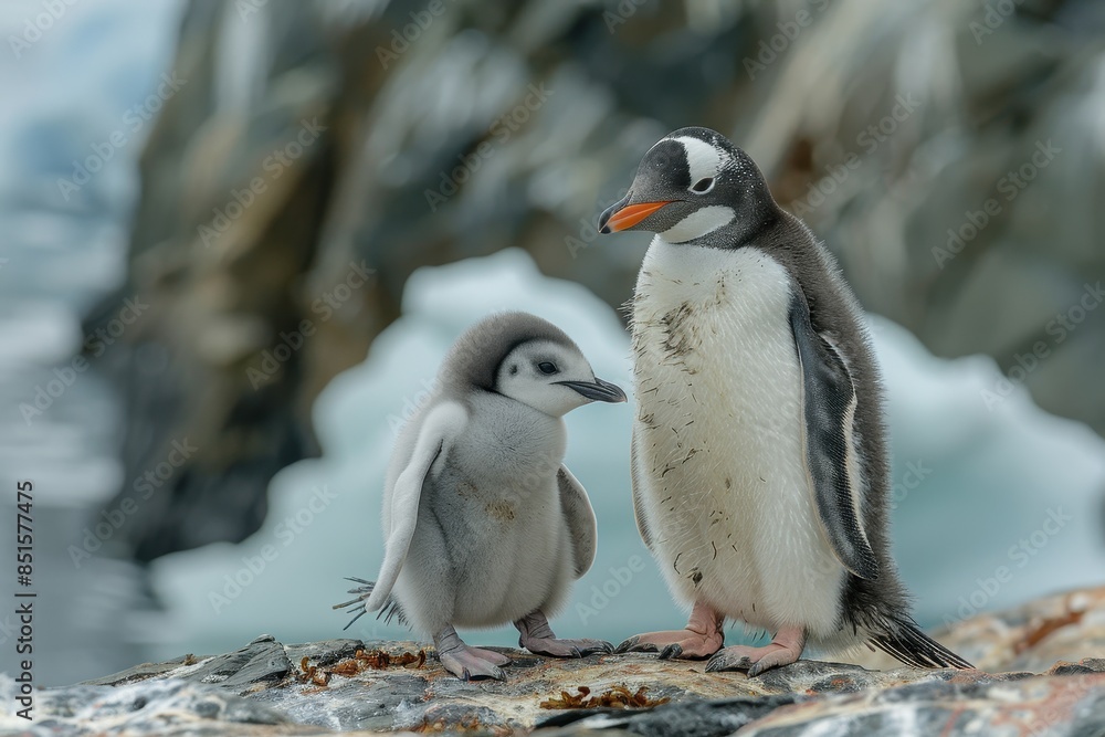 Naklejka premium A fluffy penguin chick standing on a patch of ice, with its parent nearby. The chick is looking up at the adult penguin with admiration