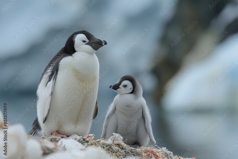 Obraz premium A fluffy penguin chick standing on a patch of ice, with its parent nearby. The chick is looking up at the adult penguin with admiration