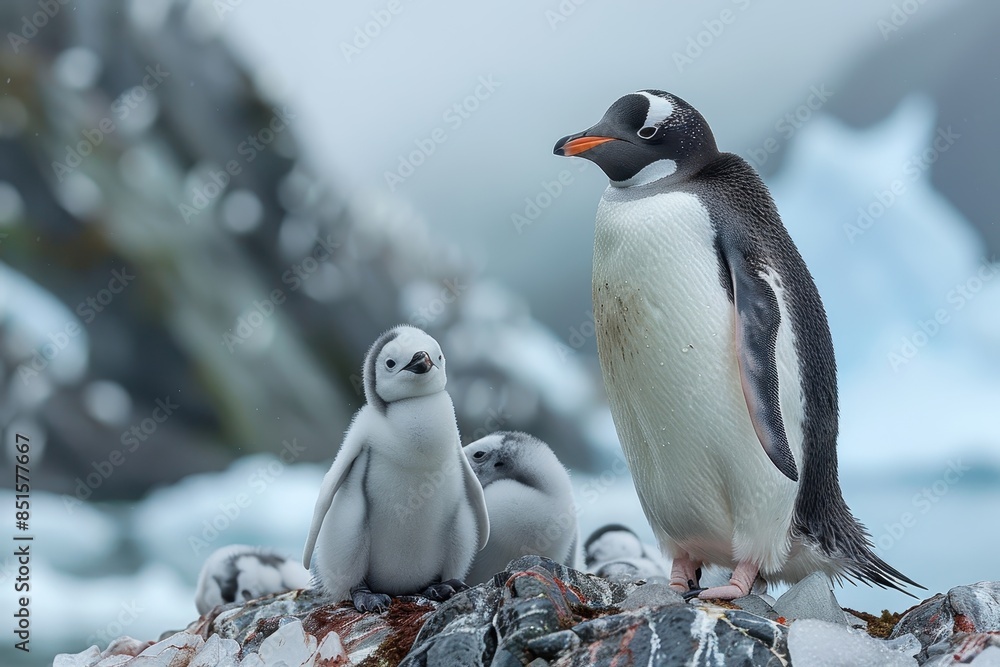 Fototapeta premium A fluffy penguin chick standing on a patch of ice, with its parent nearby. The chick is looking up at the adult penguin with admiration