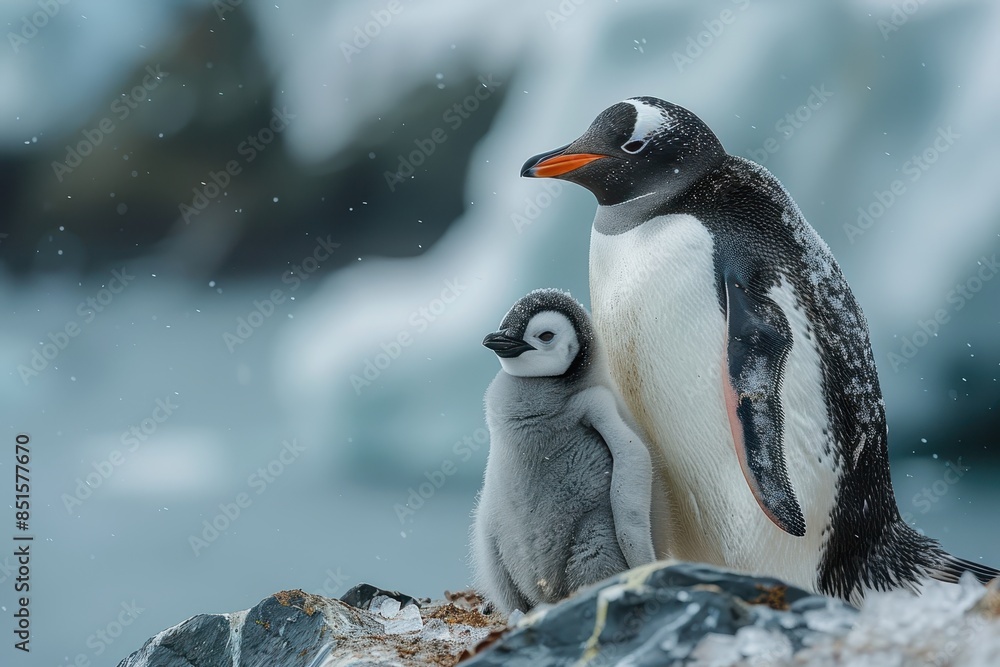 Naklejka premium A fluffy penguin chick standing on a patch of ice, with its parent nearby. The chick is looking up at the adult penguin with admiration