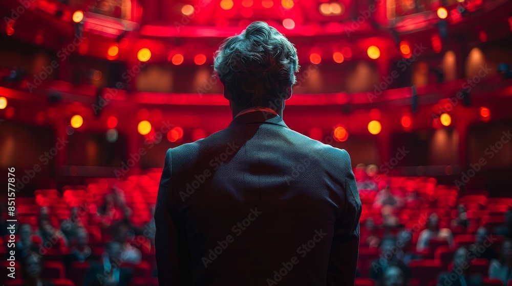 Man in a black suit viewed from behind, standing on stage in a red-toned auditorium full of people Man in a black suit viewed from behind, standing on stage in a red-toned auditorium full of people