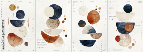 Set of modern boho abstract posters with watercolor shapes and dots, dark blue terracotta beige colors, white background. Modern art for wall decoration in home interior design.
