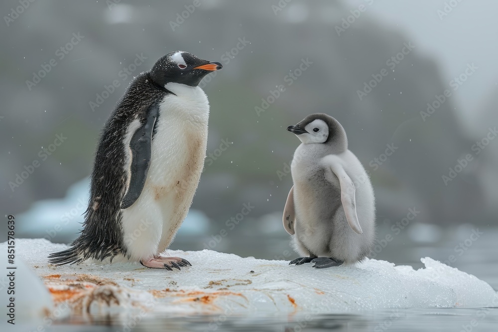 Obraz premium A fluffy penguin chick standing on a patch of ice, with its parent nearby. The chick is looking up at the adult penguin with admiration