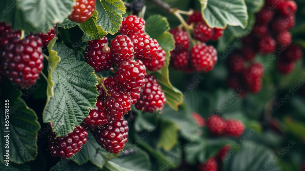 Close-up of ripe red raspberries hanging on a bush, showcasing vibrant colors and fresh produce in a garden. Close-up of ripe red raspberries hanging on a bush, showcasing vibrant colors and fresh produce in a garden.