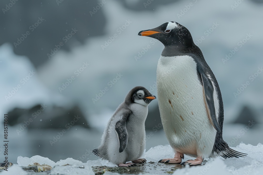 Fototapeta premium A fluffy penguin chick standing on a patch of ice, with its parent nearby. The chick is looking up at the adult penguin with admiration