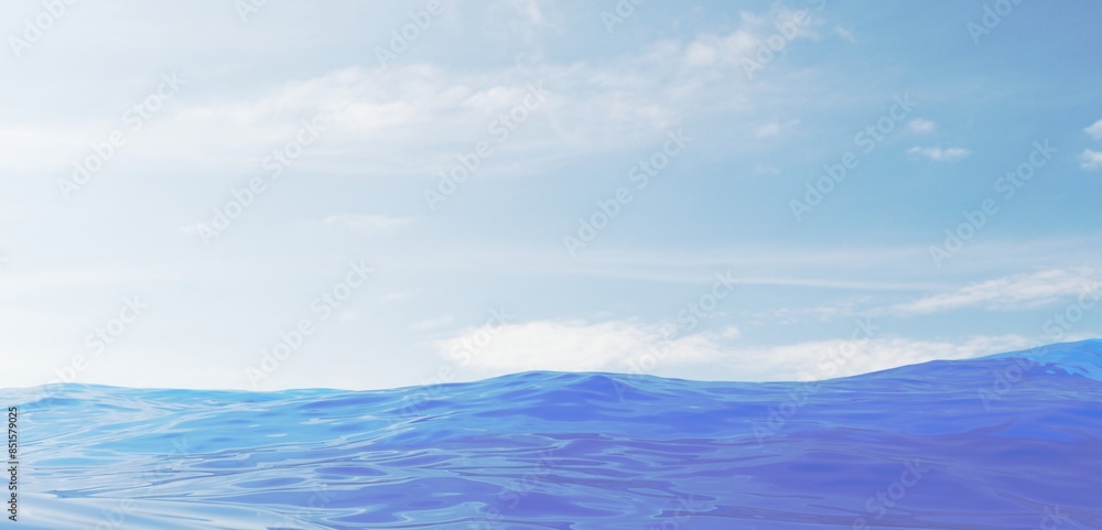 Obraz premium Beautiful Low angle shot of the Horizon, line where the sky and land or sea meet. Blue crystal waves of water under a clear blue sky. 3D rendered scene of a tropical seascape view.