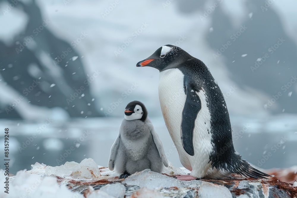 Fototapeta premium A fluffy penguin chick standing on a patch of ice, with its parent nearby. The chick is looking up at the adult penguin with admiration