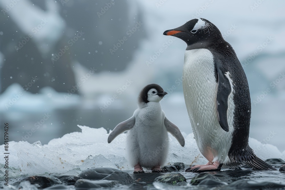 Naklejka premium A fluffy penguin chick standing on a patch of ice, with its parent nearby. The chick is looking up at the adult penguin with admiration