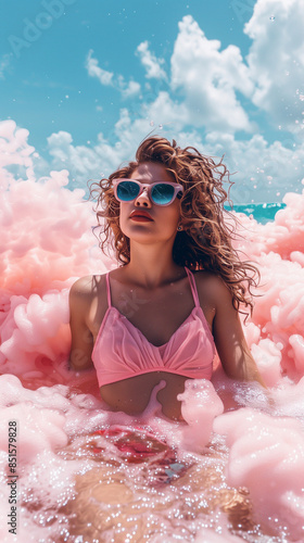 Summer portrait with young caucasian girl surrounded by pink sea foam.