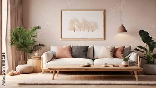 Mockup poster frame design, minimalist  wall art mockup interior design, light brown color theme home decor poster mockup interior design