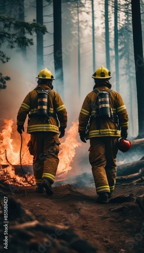 Heroic firefighters navigate the blazing forest, confronting the fierce wildfire with unwavering courage and dedication
