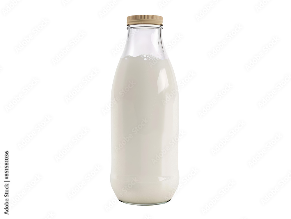 A glass milk bottle is sitting on a white background A glass milk bottle is sitting on a white background