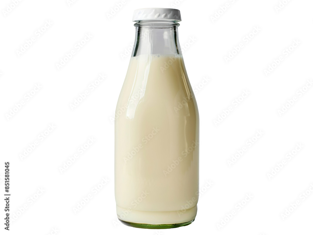 A glass bottle of milk is sitting on a white background A glass bottle of milk is sitting on a white background