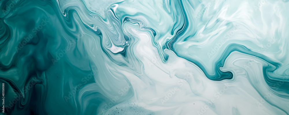 Obraz premium Swirling teal and white marbled liquid, abstract background with fluid patterns