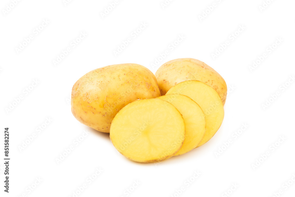 Young potatoes. Raw potatoes isolated on white background.Peel potatoes.Harvesting collection. organic, freshly dug potatoes. Agricultural background. Vegan. Vegetables.Potato slices. Young potatoes. Raw potatoes isolated on white background.Peel potatoes.Harvesting collection. organic, freshly dug potatoes. Agricultural background. Vegan. Vegetables.Potato slices.