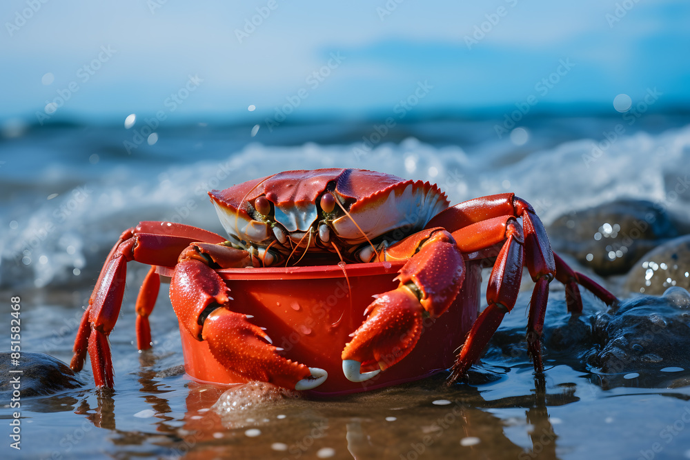 red crab on the sand beach of the tropical sea