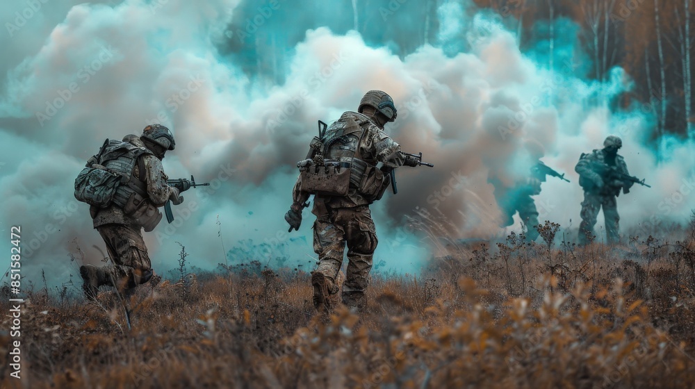 Infantry unit pushing forward under cover of smoke and fire Infantry unit pushing forward under cover of smoke and fire