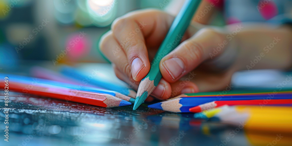 A close-up of a child's hand using colorful pencils to draw on paper, emphasizing creativity and learning. A close-up of a child's hand using colorful pencils to draw on paper, emphasizing creativity and learning.