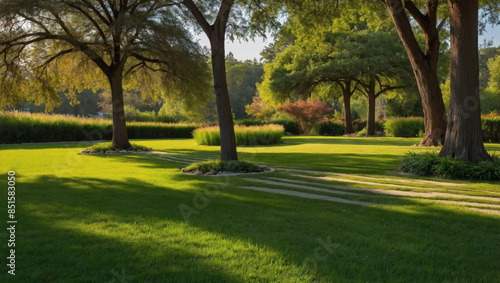 Vibrant garden lawn with striped grass, beautiful trees.