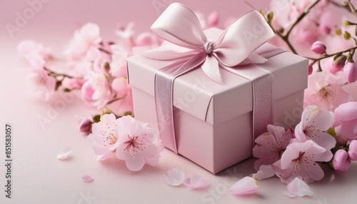 Delicate Pink Gift Box Surrounded by Blooming Cherry Blossoms on a Soft Pink Background
