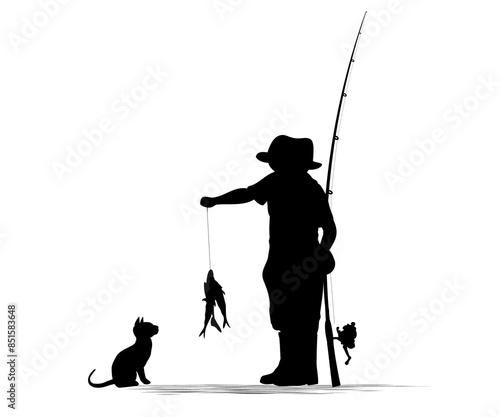 Family silhouettes. A boy caught fish for the cat. Vector illustration	
