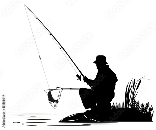 Man fishing from a lake coast, silhouettes. Vector illustration