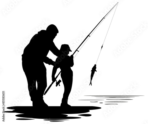 Family silhouettes. Father teaches son fishing. Vector illustration	
