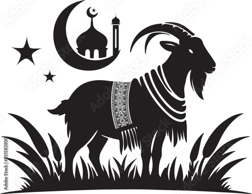 Goat Standing on Grass on Occasion Eid Ul Adha Silhouette Art Illustration.