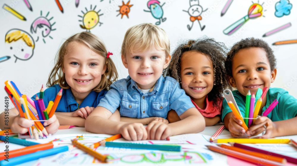 Fototapeta premium Happy group of diverse children drawing with colorful pencils, fostering creativity and friendship in a fun, educational setting.