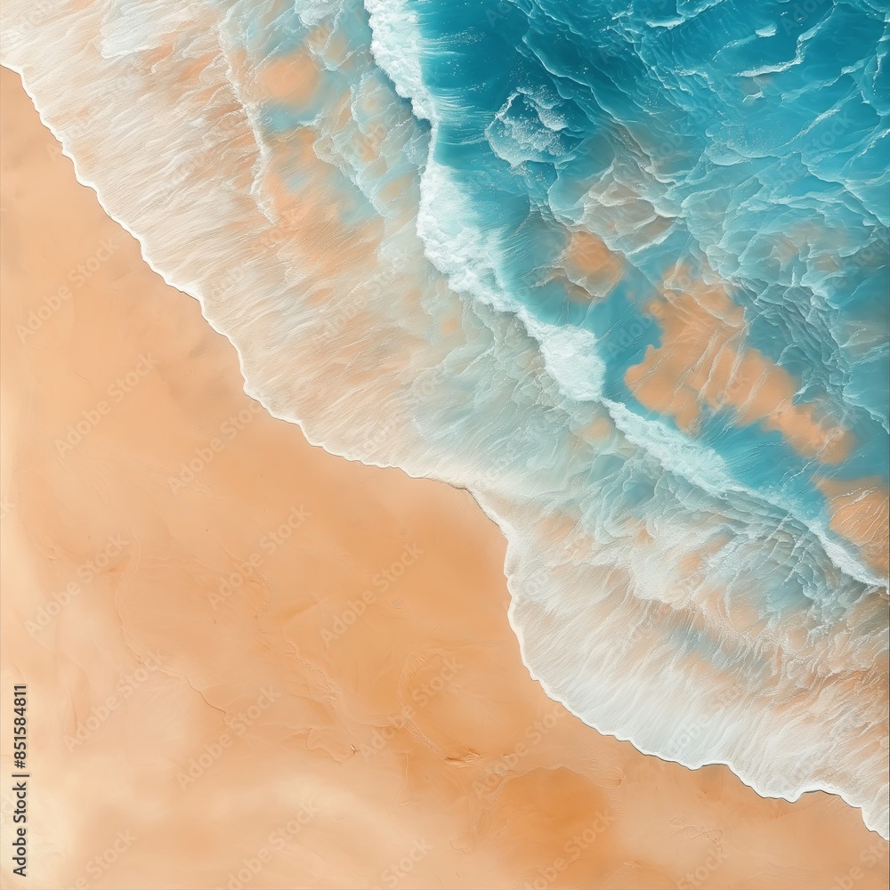 Aerial View of Ocean Waves Rolling onto Sandy Shore, Turquoise Waters, Coastal Scene, with Copy Space Aerial View of Ocean Waves Rolling onto Sandy Shore, Turquoise Waters, Coastal Scene, with Copy Space