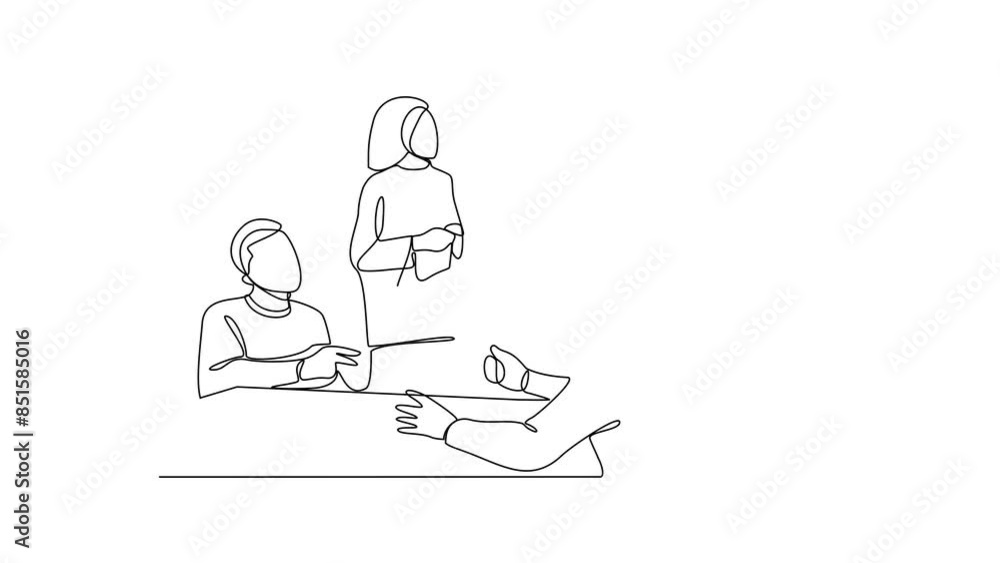One continuous line drawing of Business people are discussing and presenting their business in front of their clients. Business people activity in simple continuous line style concept design vector. One continuous line drawing of Business people are discussing and presenting their business in front of their clients. Business people activity in simple continuous line style concept design vector.