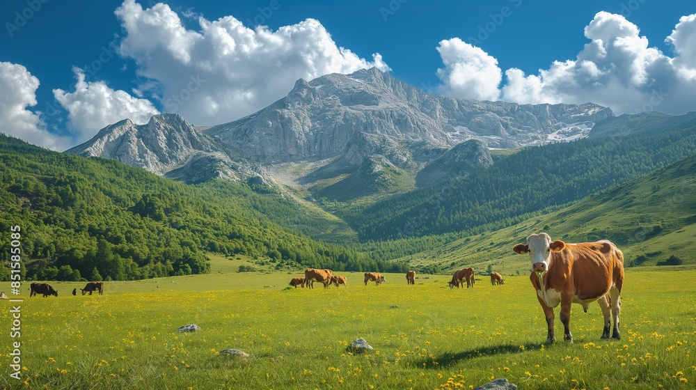 Cows grazing in a beautiful mountain valley landscape Cows grazing in a beautiful mountain valley landscape