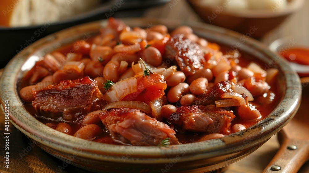 A hearty serving of smoked pork with beans, topped with diced tomatoes and onions, perfect for a family meal A hearty serving of smoked pork with beans, topped with diced tomatoes and onions, perfect for a family meal