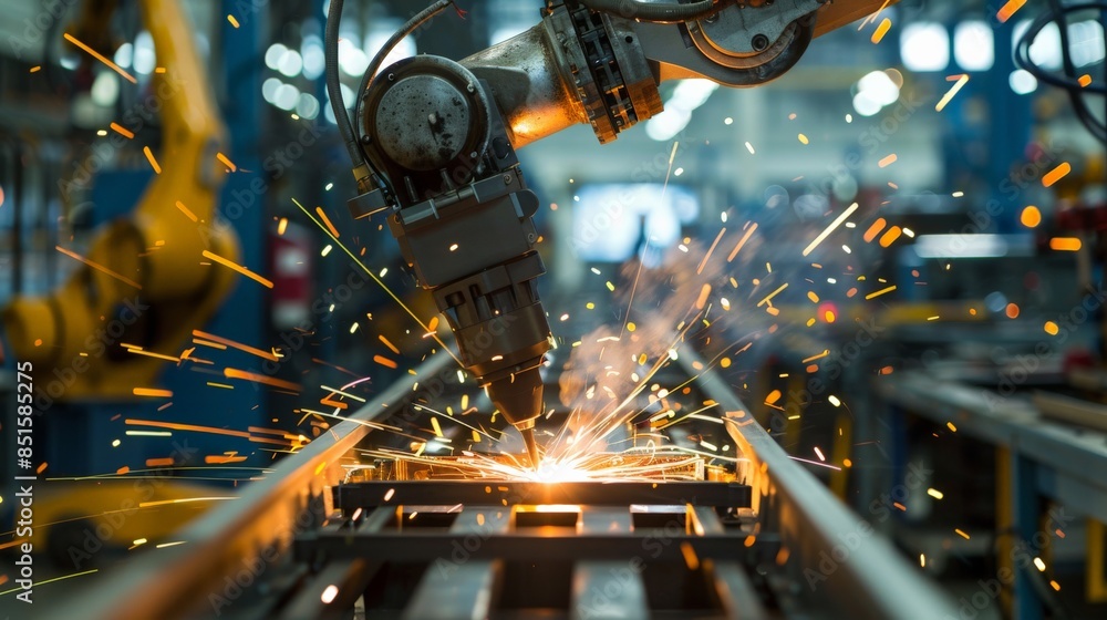 Fototapeta premium Industrial robotic arm welding metal in a factory setting with sparks flying, representing advanced manufacturing technology and automation.