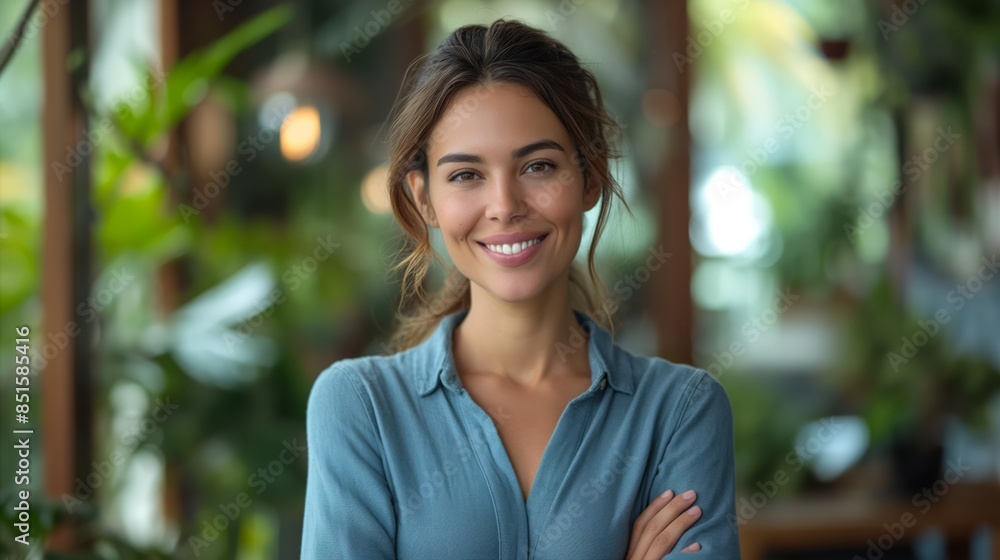 Smiling woman in casual attire standing against a green background Smiling woman in casual attire standing against a green background