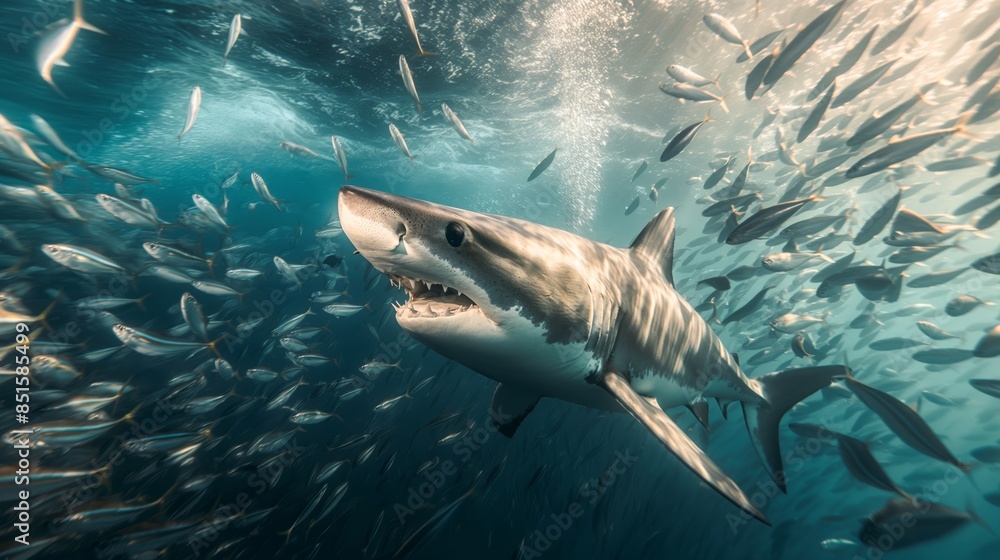 Fototapeta premium Great white shark swimming in a school of fish underwater