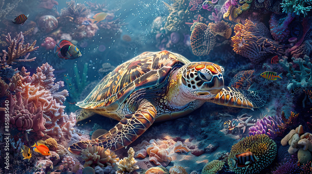 Majestic turtle surrounded by colorful marine life, AI generative Majestic turtle surrounded by colorful marine life, AI generative
