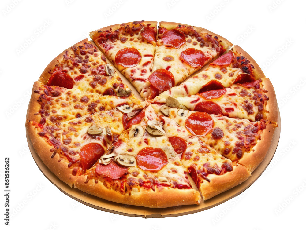 A pizza with pepperoni and mushrooms on a wooden board A pizza with pepperoni and mushrooms on a wooden board