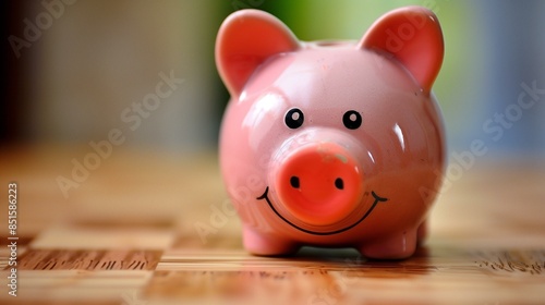 Smiling pink piggy bank sits on wooden table, learning happy achievement smile