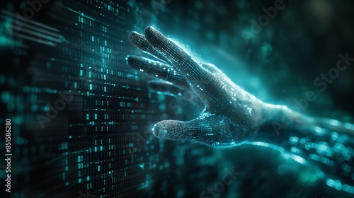 Futuristic hand reaching through digital matrix light interface