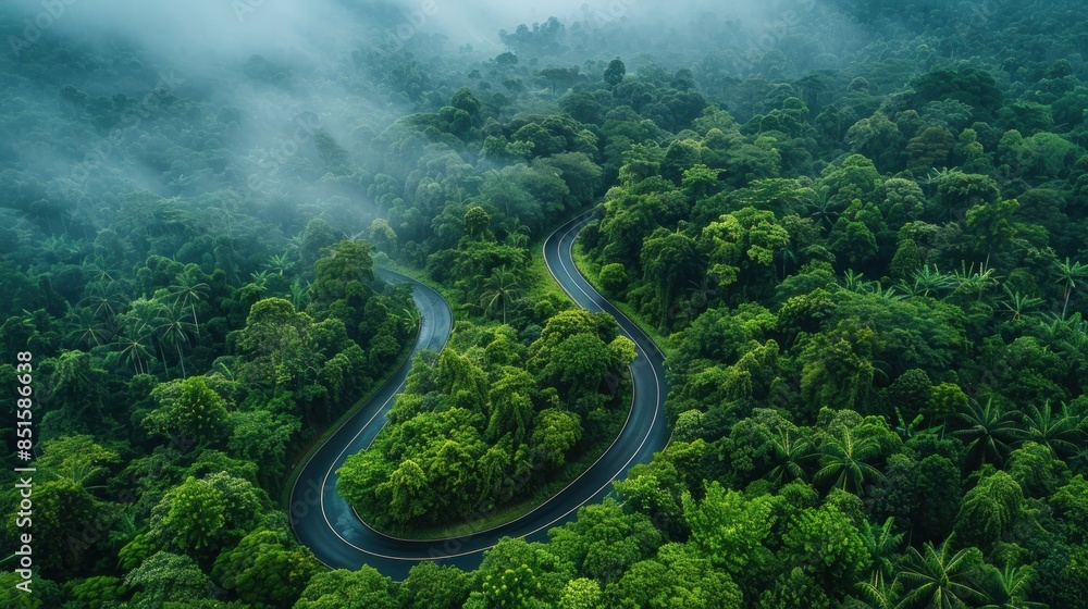 Winding Road Through Misty Forest Winding Road Through Misty Forest